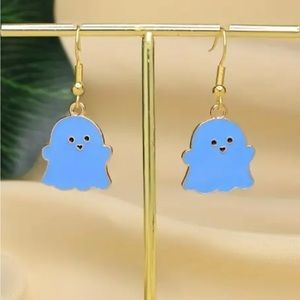 Gold Ghost Blue Halloween Dangle Earrings